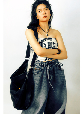 threeday黑白好搭配复古女郎印花裹胸短款春夏vintage不透上衣