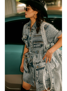 THREEDAY重工炒雪花牛仔连衣裙短袖女夏中长款口袋复古外套裙