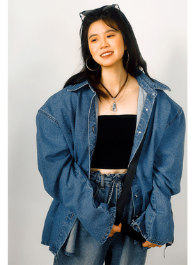 threeday复古深蓝牛仔衬衣插肩袖宽松垫肩收腰中长款长袖外套纯棉