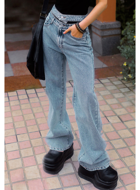 threeday高腰牛仔长裤浅蓝色双腰复古加长全棉牛仔直筒裤宽松