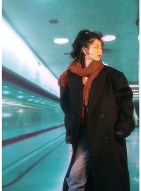 vintage黑色聚会厚重超长双排扣毛呢外套女宽松垫肩羊毛大衣冬