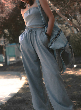 threeday超长随意拖地松紧腰长裤女春夏款休闲运动裤毛圈纯棉散边