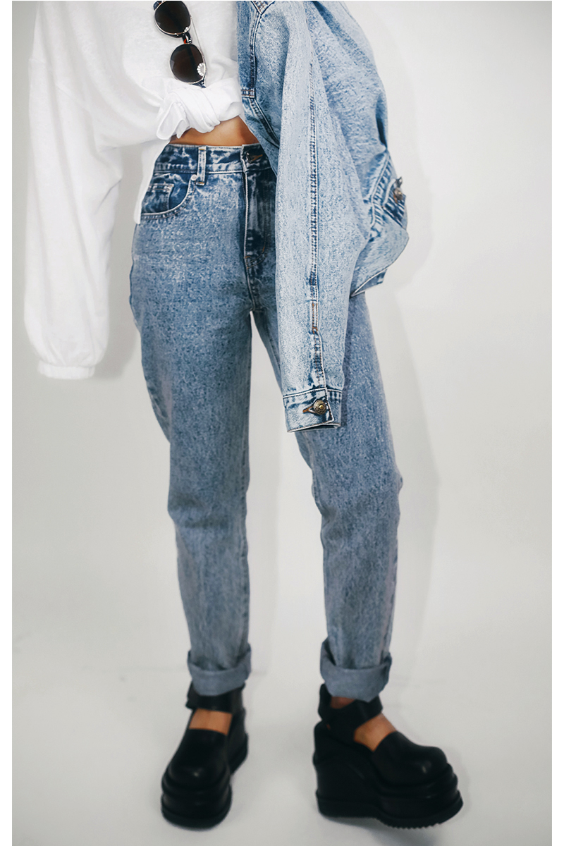 threeday雪花复古高腰收腿牛仔裤