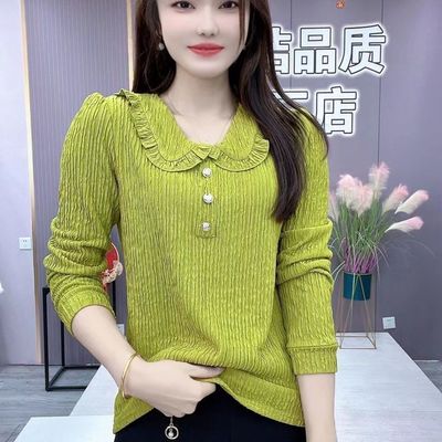 春秋高档拼接娃娃领女装长袖套头内搭打底衫显瘦洋气上衣宽松卫衣