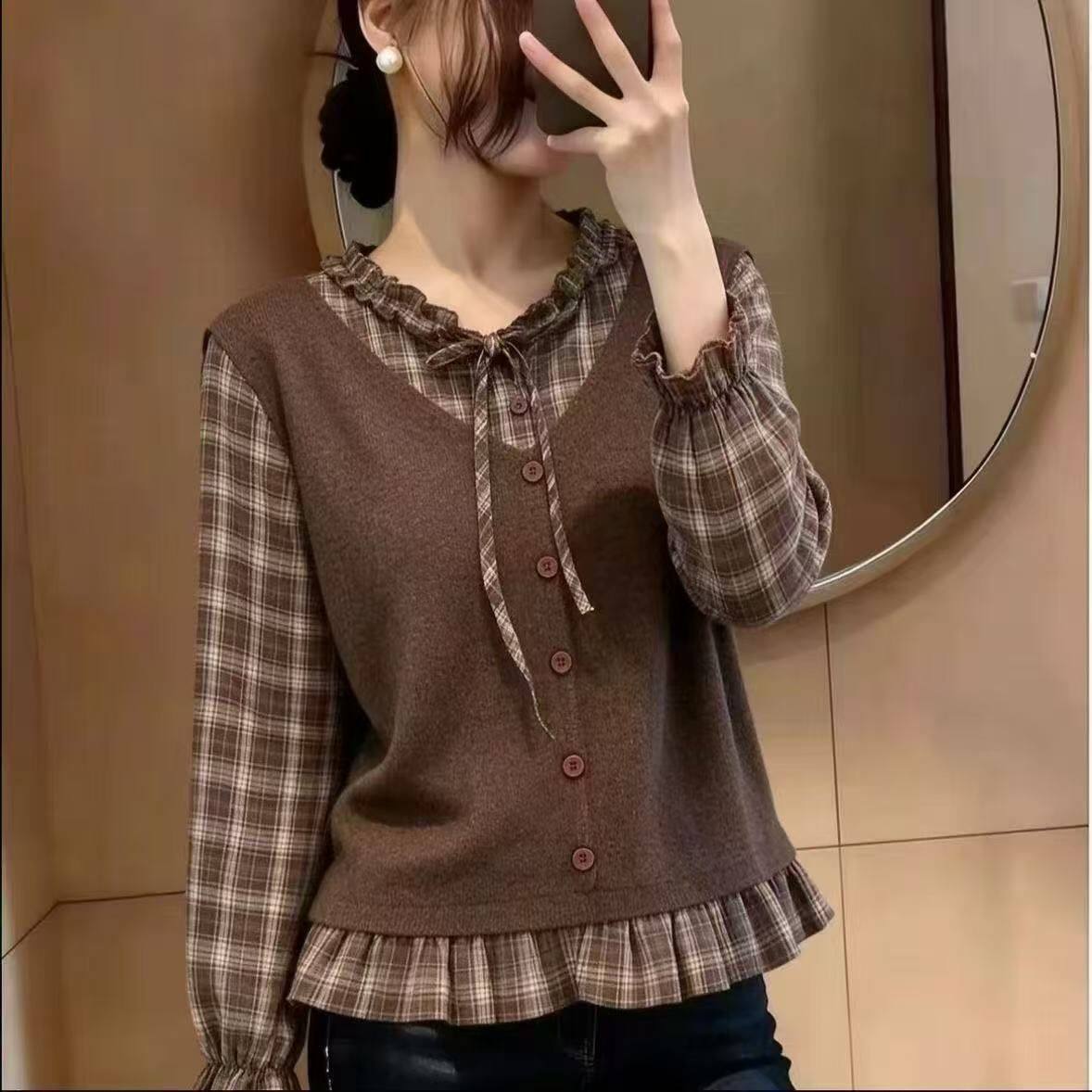 春秋女新款时尚气质假两件格子衬衫修身显瘦百搭休闲保暖外套毛衣