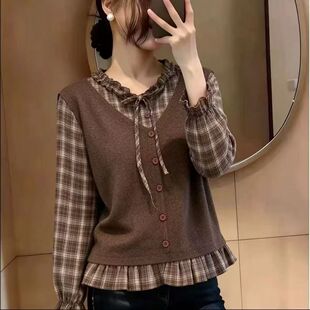 春秋女新款时尚气质假两件格子衬衫修身显瘦百搭休闲保暖外套毛衣