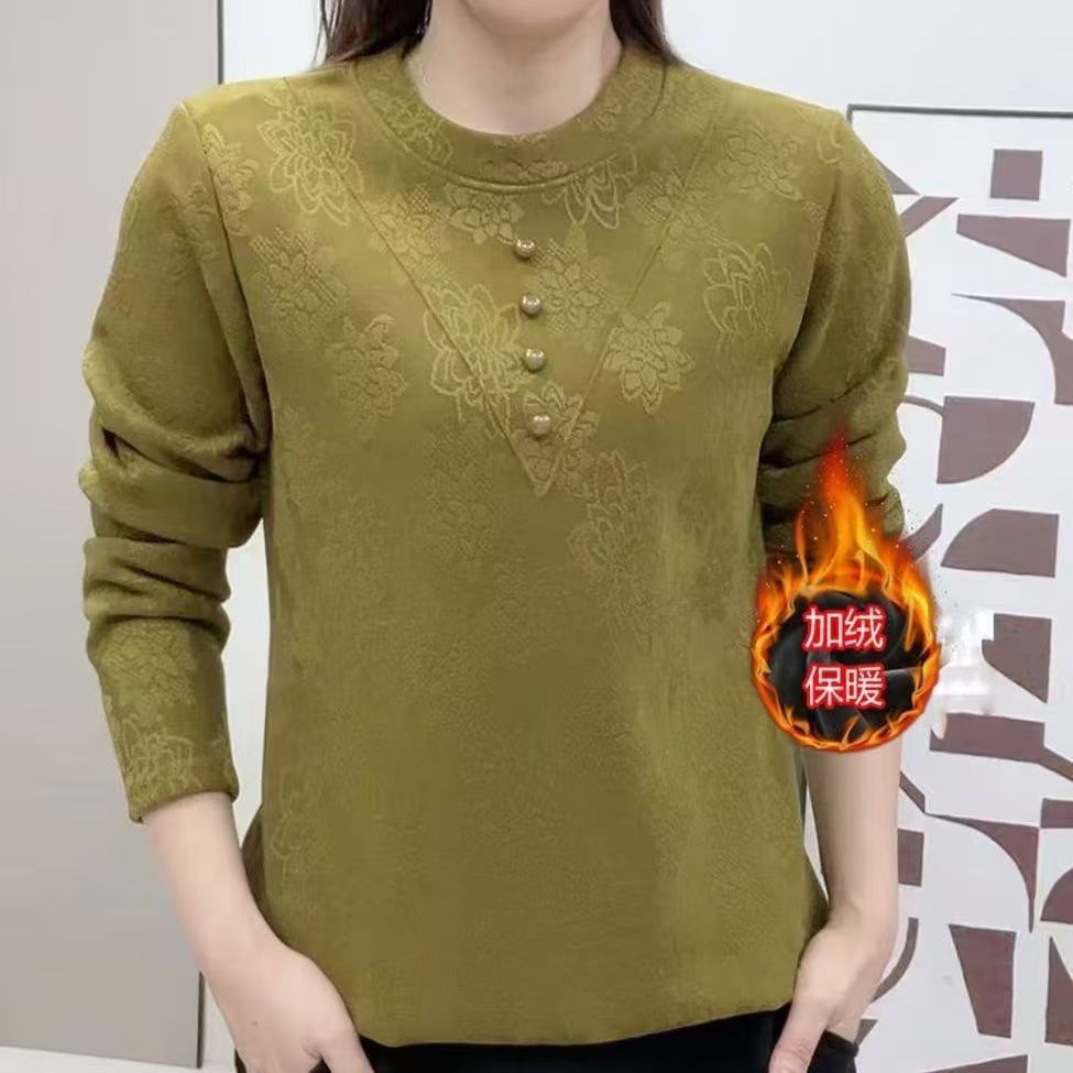 秋冬新款加绒时尚纯色长袖上衣女气质妈妈内搭打底衫保暖大码外套