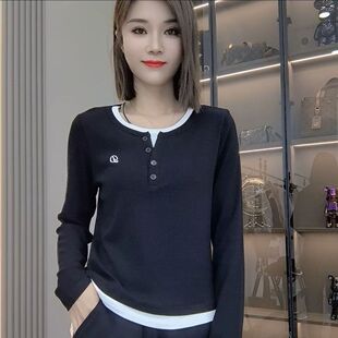 打底休闲时尚 圆领修身 卫衣 撞色假两件双面磨毛长袖 欧洲站春秋新款