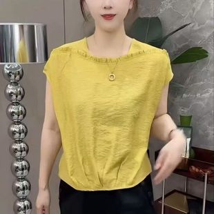 新款 宽松显瘦防晒上衣 方领休闲纯色短袖 t恤女套头减龄洋气小衫
