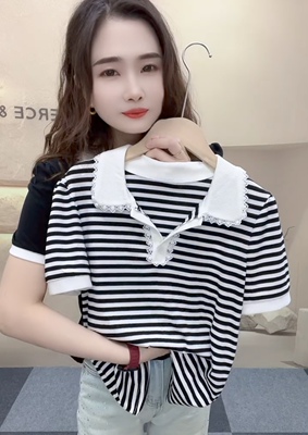 新款polo领条纹短袖t恤女拼接蕾丝花边娃娃领上衣休闲百搭打底衫
