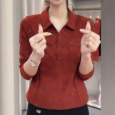 秋季新款时尚翻领提花女长袖小衫休闲修身减龄显瘦气质百搭上衣