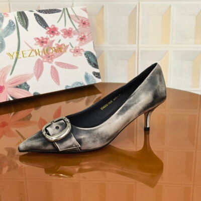 2432/4CM牛皮断码撤柜清仓处理粗跟气质法式尖头高跟女鞋平跟常规