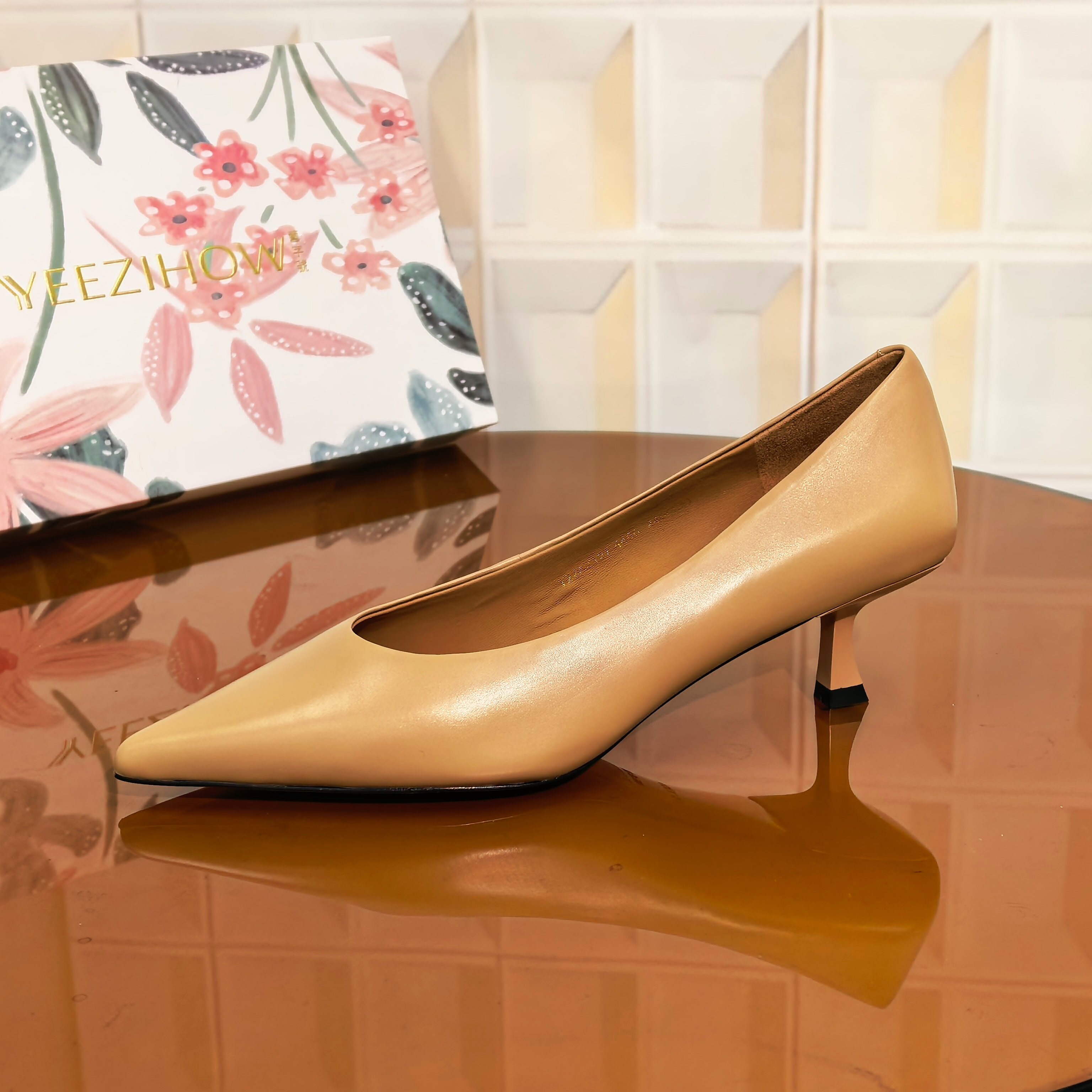 4460杏色/胎牛皮高跟鞋尖头细跟高跟鞋套筒细跟细高跟时尚