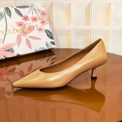 4460杏色/胎牛皮高跟鞋尖头细跟高跟鞋套筒细跟细高跟时尚