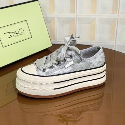 7M70/5CM牛皮清仓撤柜断码处理女款厚底增高透气休闲系带帆布鞋夏