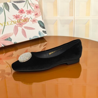 8114/2CM丝绒布断码撤柜清仓处理豆豆鞋方头黑色水钻低跟黑色浅口