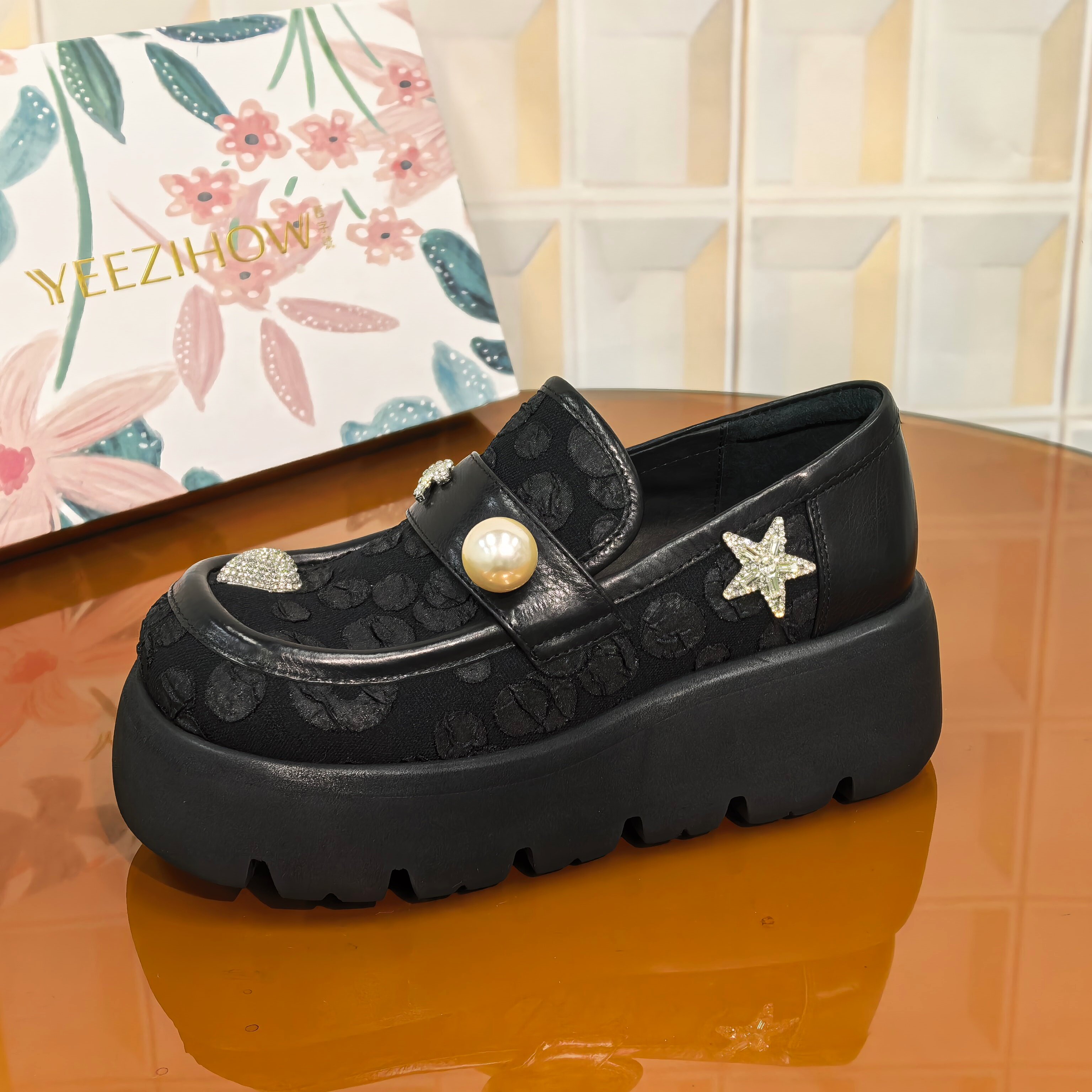 6869/4CM胎牛皮乐福鞋断码撤柜清仓处理粗跟休闲鞋女透气高跟单鞋