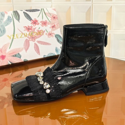 3852/3CM牛漆皮断码撤柜清仓处理时尚方头低跟时装靴百搭民族风靴