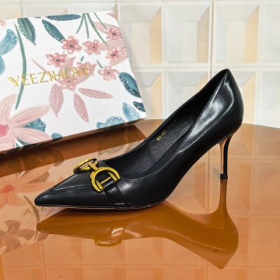 4025/6CM牛皮清仓撤柜断码处理春季系扣夏季圆头舒适女士职业细跟