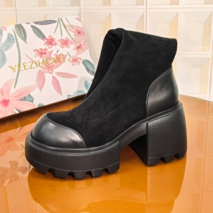 处理圆头高跟英伦黑色中跟马丁靴秋季 6CM胎牛皮清仓撤柜断码 6819