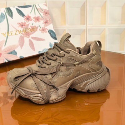 7753/5CM牛皮网系带断码撤柜清仓处理胶粘老爹鞋增高女时尚休闲鞋