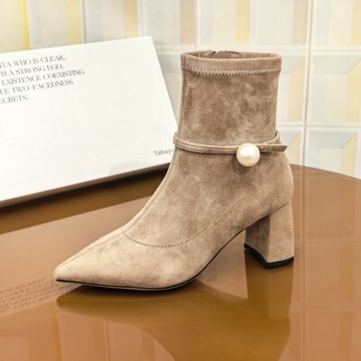 2408/5CM羊皮单靴瘦瘦靴短靴袜靴高跟冬季厚款百搭弹力靴尖头