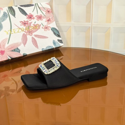 2541/3CM真丝布一字拖方头断码撤柜清仓处理一字拖鞋夏季水钻平底