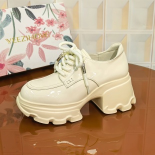 7073 百搭真皮粗跟厚底高跟英伦风系带 6CM牛漆皮女士时尚