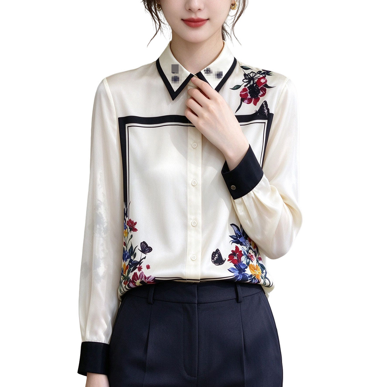 真丝花卉蝴蝶印花通勤衬衫女