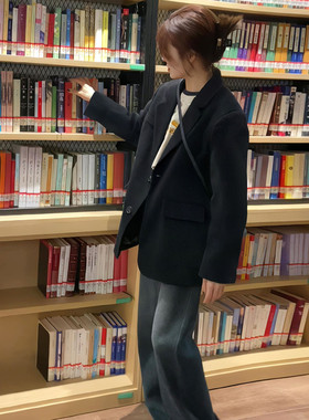 ovsize黑色西装外套女2025春秋款高级感小个子宽松气质学院风西服