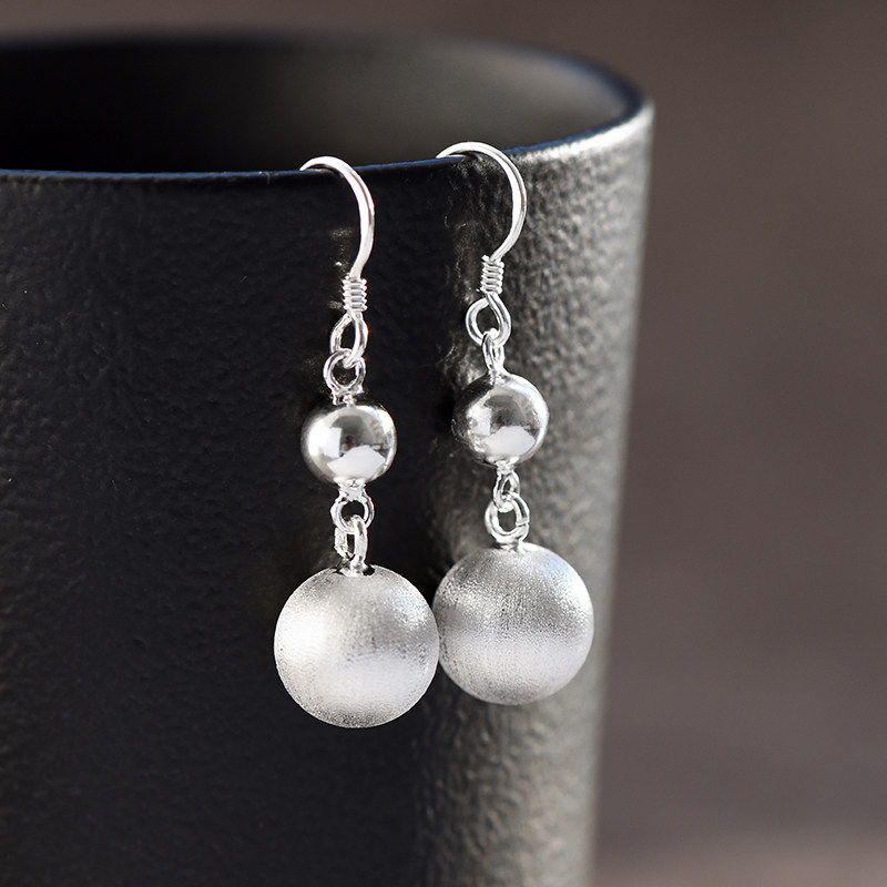 999纯银耳环女韩国简约光面圆珠子圆球耳坠短款磨砂光球耳钩耳饰