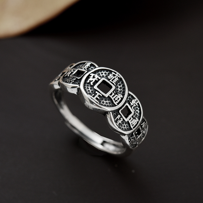 999纯银戒指男女款招财进宝五帝钱币做旧复古风个性食指开口指环