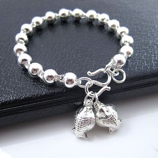 999纯银手链 5mm圆珠女手链搭配两只小鱼儿 足银手链韩银饰品正品