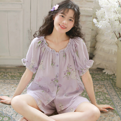 『眠岛』夏季新款短袖带胸垫睡衣女纯棉纱布森系少女三件套家居服