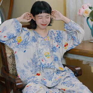 夏季 纱布睡衣女春秋款 纯棉长袖 家居服 全棉薄款 眠岛 法式