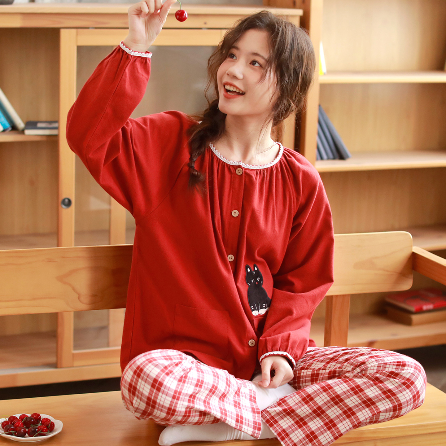 『眠岛』秋冬睡衣女士纯棉磨毛绒布红色本命年结婚长袖家居服套装