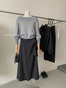 Y.JIA伊嘉韩系设计感气质斜肩两穿针织衫 潮 不规则绑带半身裙套装