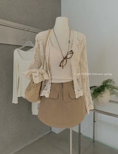 半身裙三件套装 Y.JIA 工装 美背吊带 伊嘉韩系老钱风镂空花边开衫