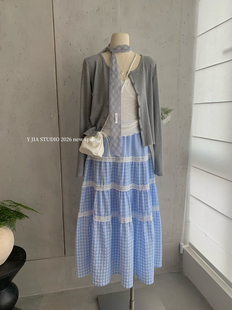 花边拼接蛋糕格纹半身裙套装 吊带 女 伊嘉韩系甜美防晒开衫 Y.JIA