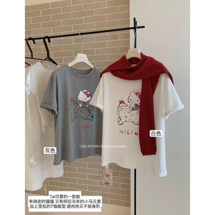 Y.JIA kitty卡通宽松正肩T恤女韩系减龄休闲百搭上衣 伊嘉春夏新款