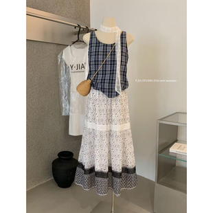Y.JIA伊嘉韩系度假风海边风飘带格子背心 碎花蛋糕半身裙绝美套装