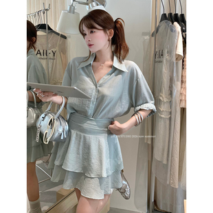 休闲套装 Y.JIA伊嘉韩系松弛感假日风亚麻宽松小衫 高腰显瘦短裙裤