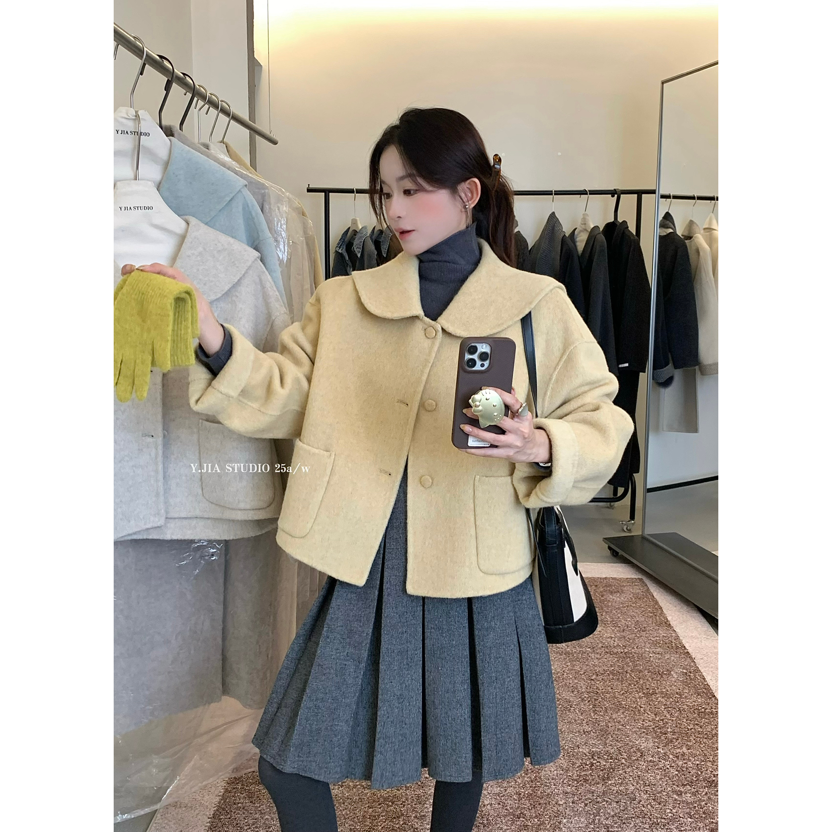 Y.JIA 伊嘉韩系娃娃领甜美减龄双面羊毛大衣女秋冬小个子短款外套