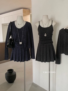 女 高腰A字百褶短裙套装 Y.JIA伊嘉韩系甜美复古波点开衫 吊带背心