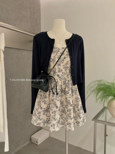 清冷感印花收腰连衣裙套装 Y.JIA 伊嘉韩系温柔气质防晒针织开衫