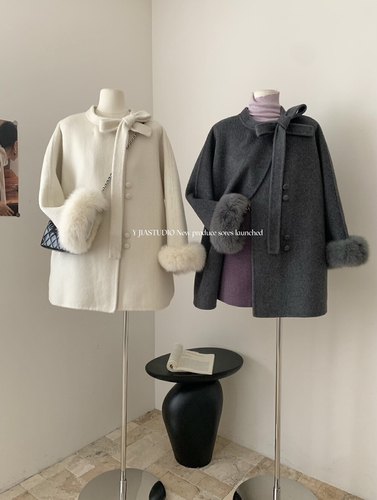 韩版财阀千金风蝴蝶结狐狸毛大衣