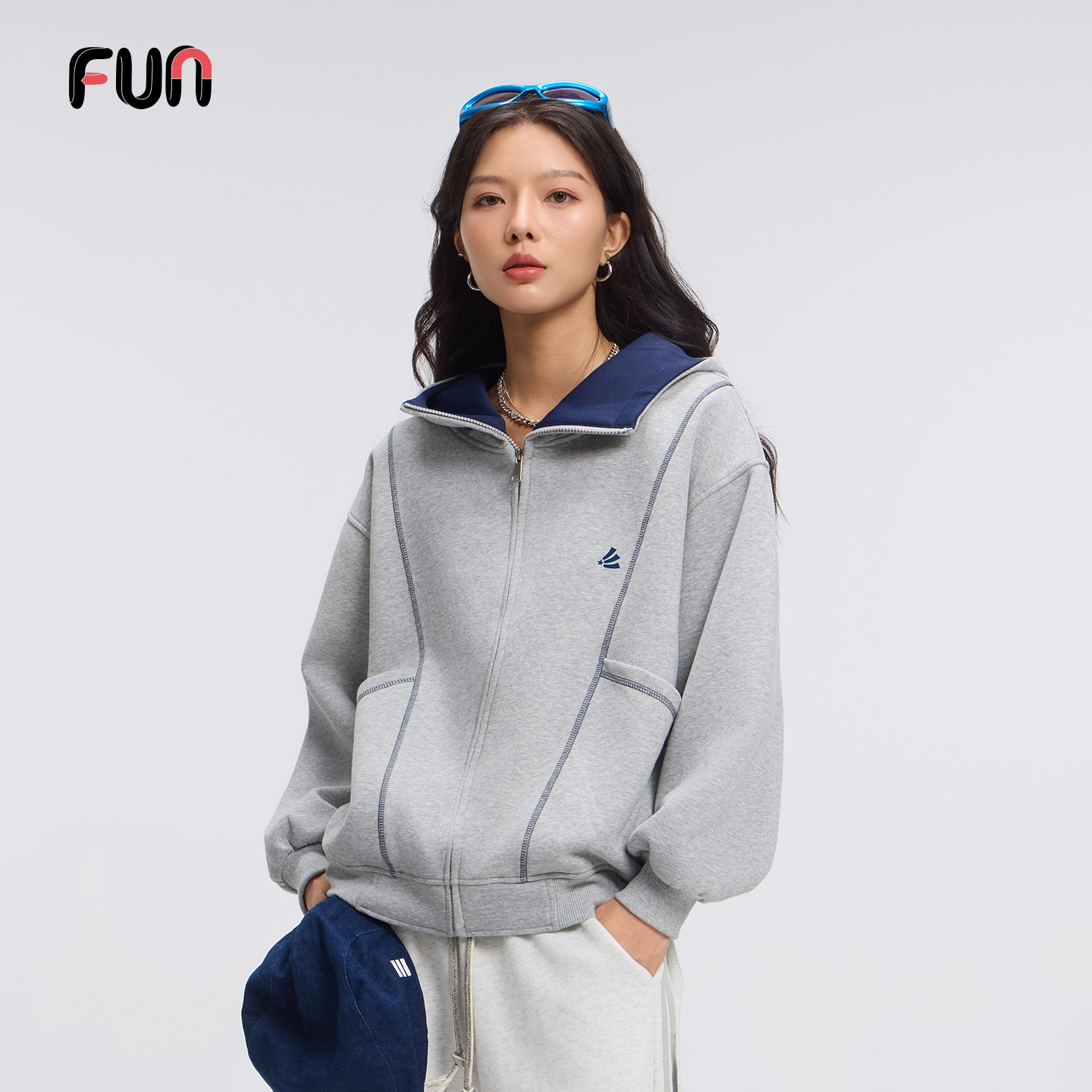 Fun2025秋冬季新品拼色明线开衫拉链连帽卫衣男女同款廓形外套