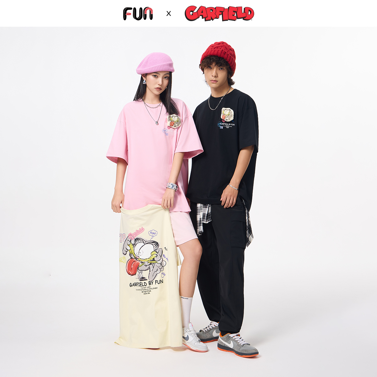Fun25夏季新品加菲猫联名T恤可拆卸魔术贴玩偶宽松短袖男女同款