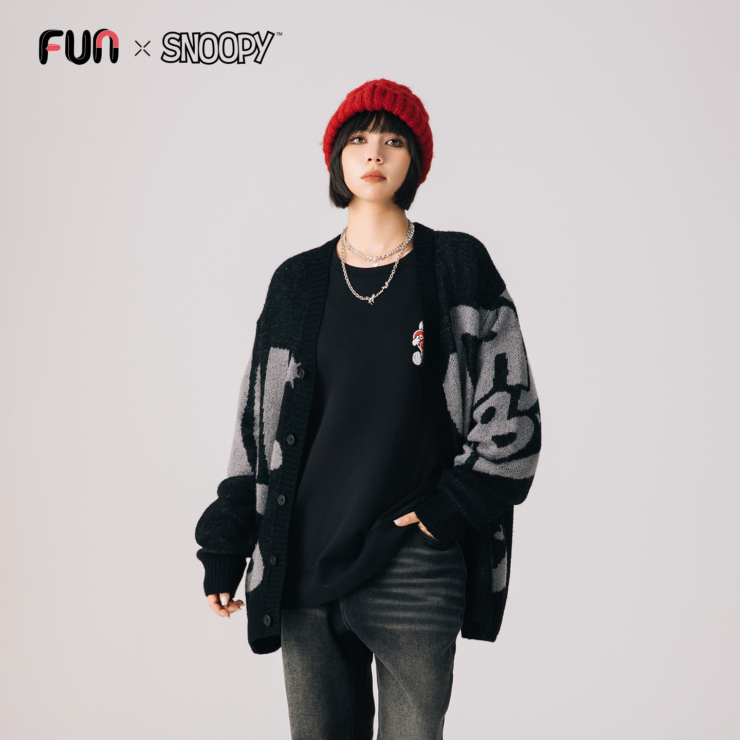 Fun2025秋冬季商场同款史努比联名针织开衫宽松毛衣七夕情侣款
