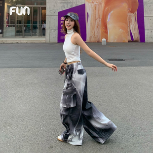 Fun爱豆机能裤2025秋冬季商场同款满印渐变休闲长裤子男女运动裤